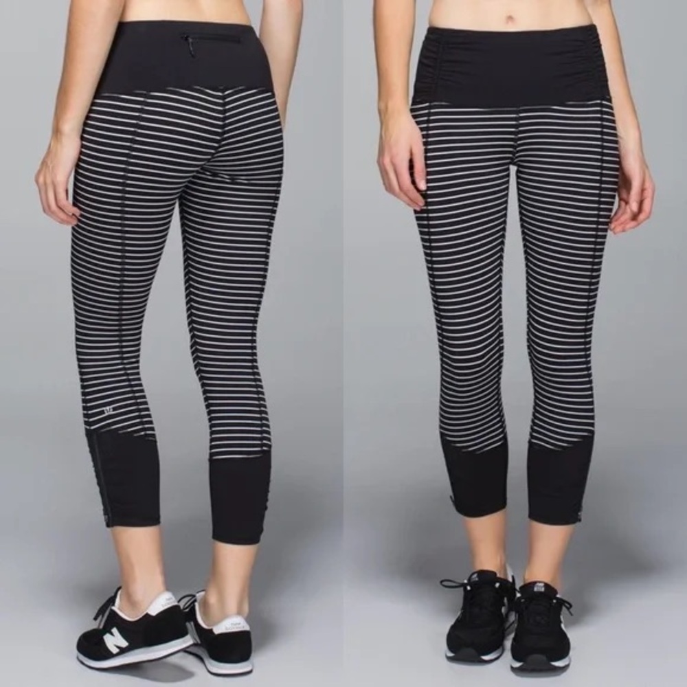 Lululemon Runday Crop Black White Parallel Stripe Pants Ankle Zip